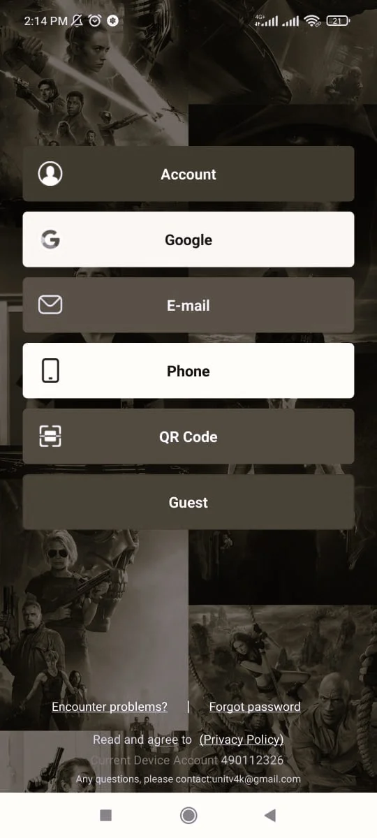 UniTV Login Opções
